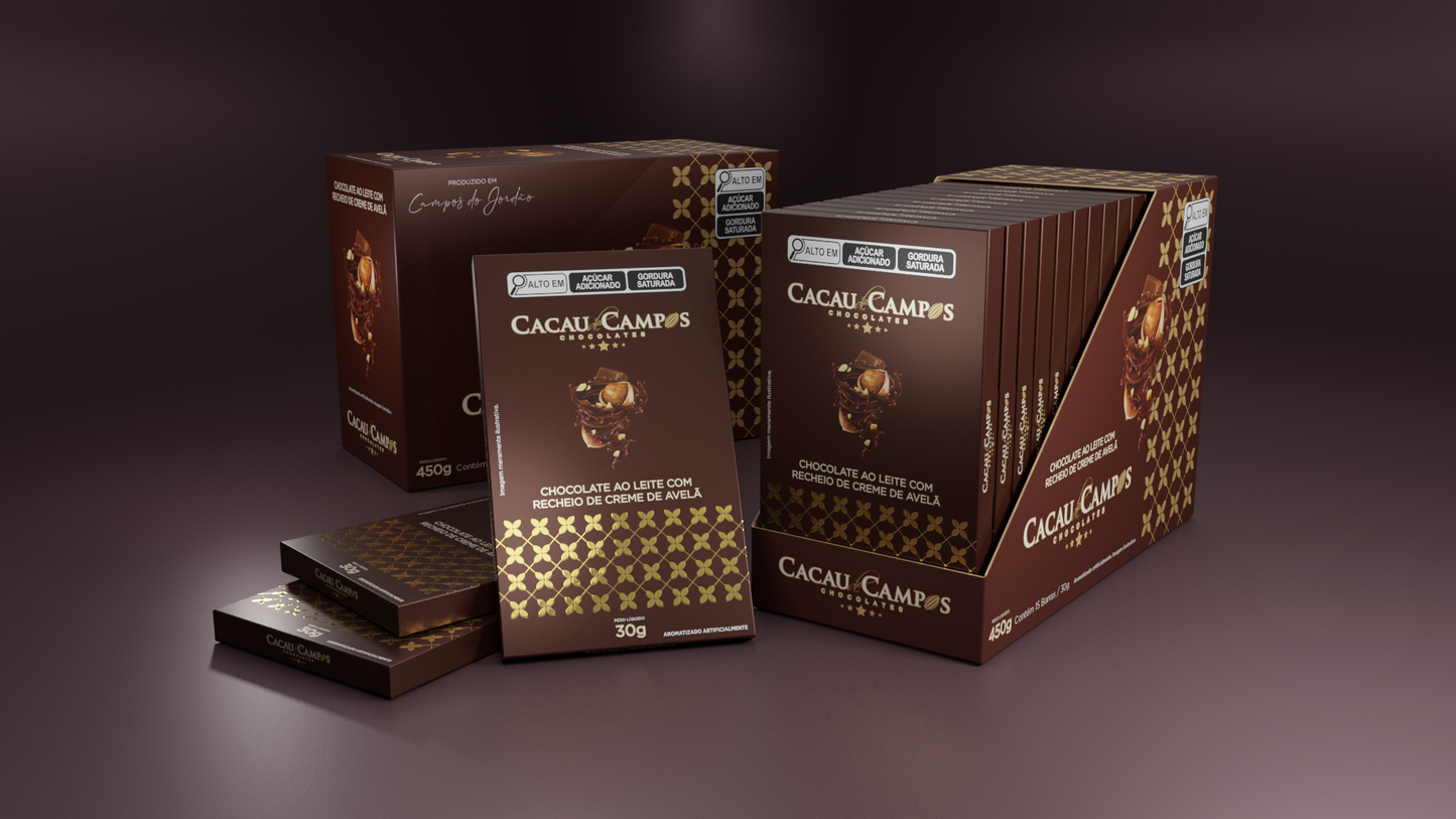 Kit 15 Uni. Barra de Chocolate Recheada com Creme de Avelã - 30g